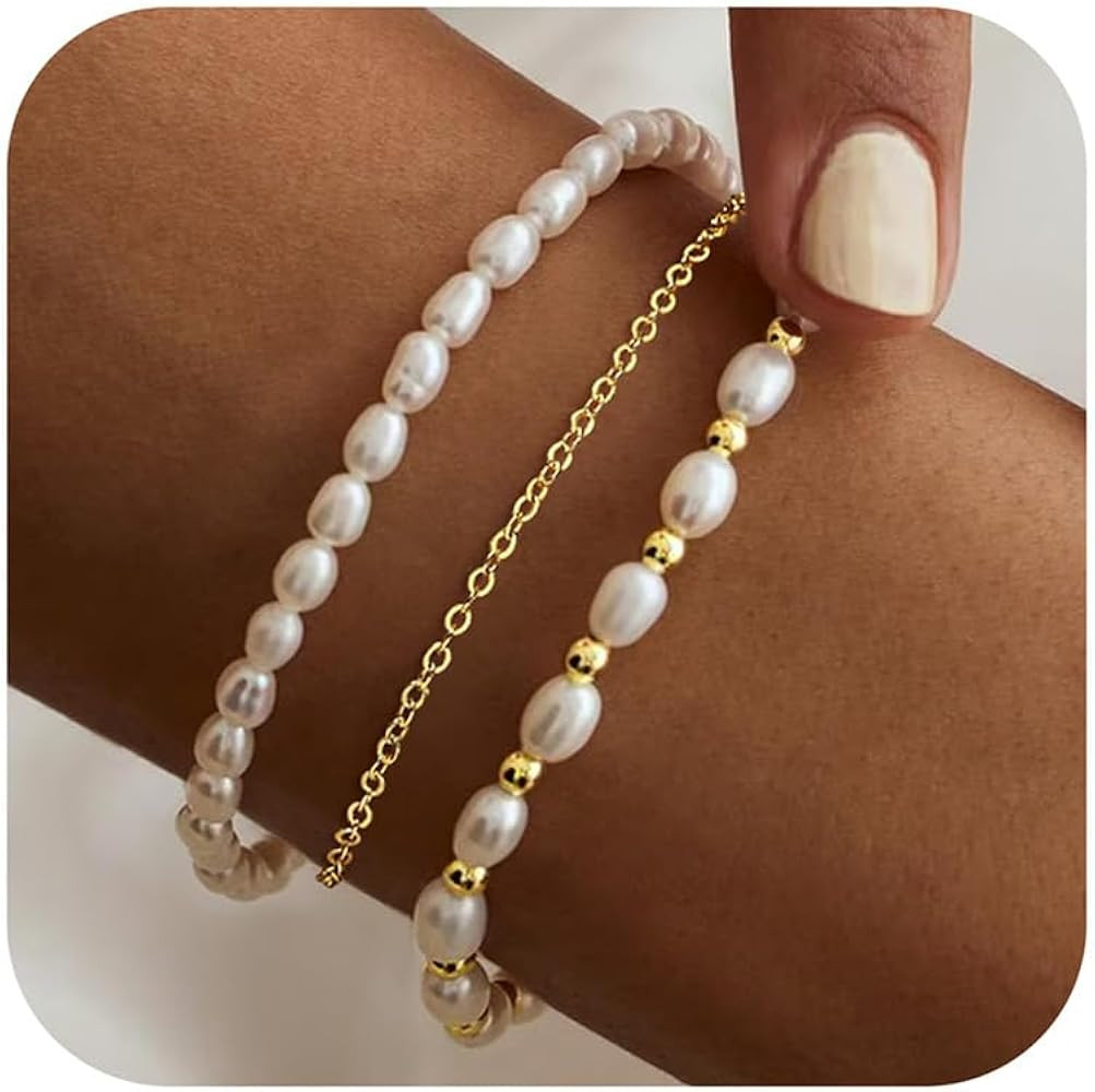 Yoosteel Pearl Bracelets for Women, Dainty 14K-Gold-Plated Pearls Beaded Link Chain Bracelet Jewe... | Amazon (US)