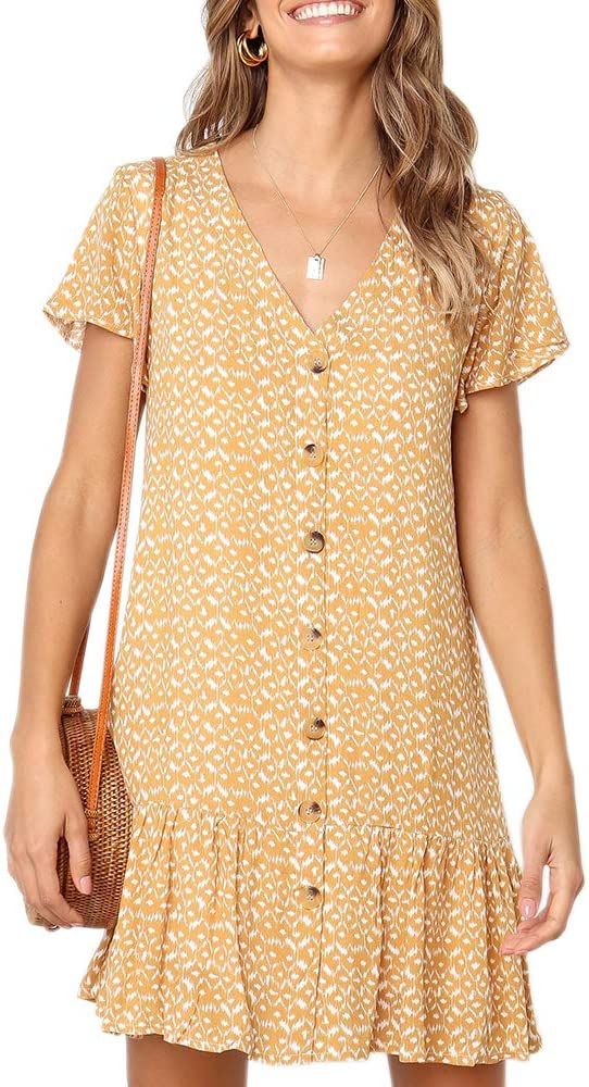 Imysty Womens Polka Dot V Neck Button Down Ruffles Loose Mini Short T-Shirt Dress | Amazon (US)