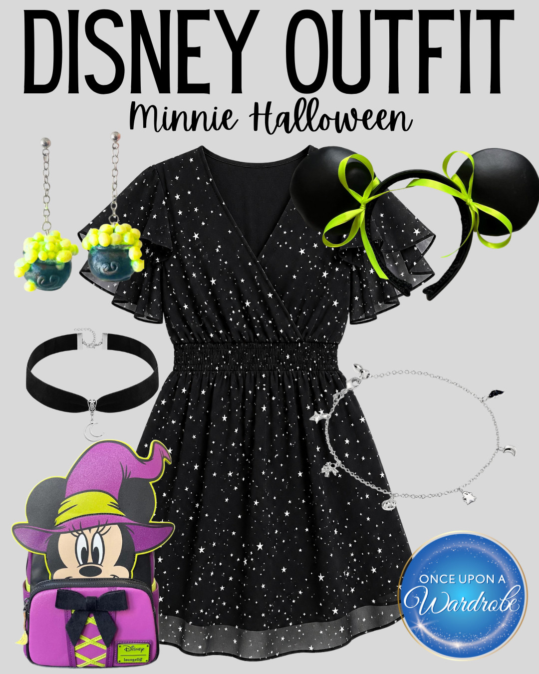 A Disney outfit for women inspired by Minnie Witch Halloween 🖤💚 This Disney World outfit is perfect for Mickey’s Not-So-Scary Halloween Party, Magic Kingdom, or a fall Disney trip with a starry black dress, Minnie witch backpack, statement ears, and spooky accessories for an easy Halloween park outfit. 

 #LTKootd #LTKSeasonal #LTKTravel