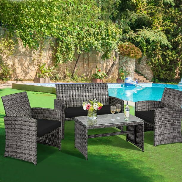 Costway 4PCS Patio Rattan Furniture Set Conversation Glass Table Top Sofa Cushioned, Black | Walmart (US)