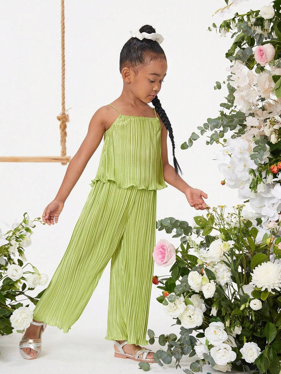 SHEIN Young Girl Urban Fashion Spring/Summer Woven Solid Color Camisole Wide Leg Pants Set | SHEIN