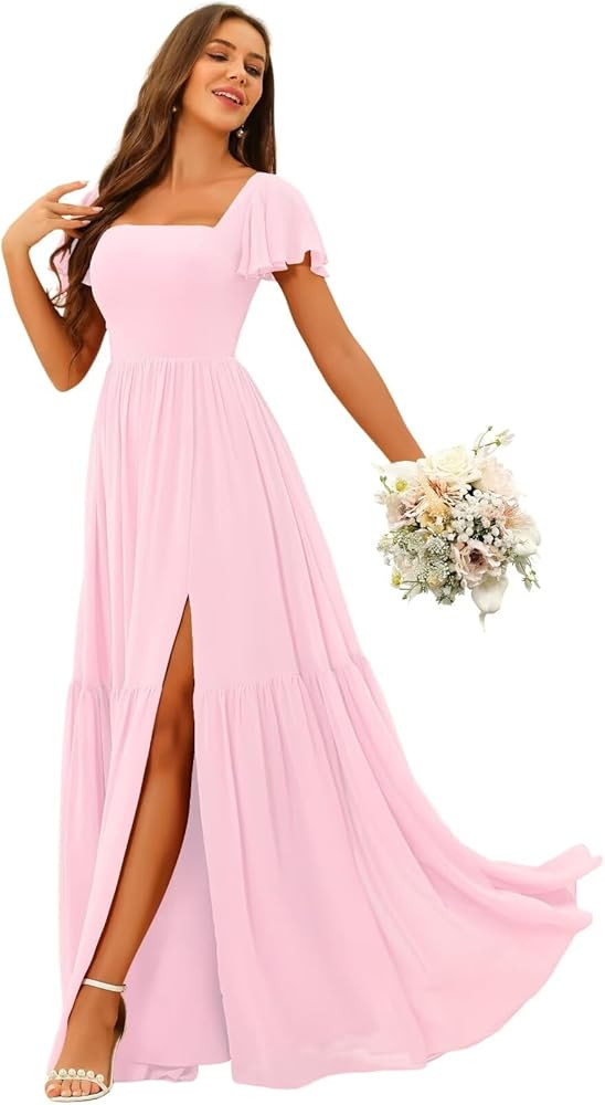 YOFF Square Neck Bridesmaid Dresses with Slit Flutter Sleeves Chiffon Long Maxi Formal Party Dres... | Amazon (US)