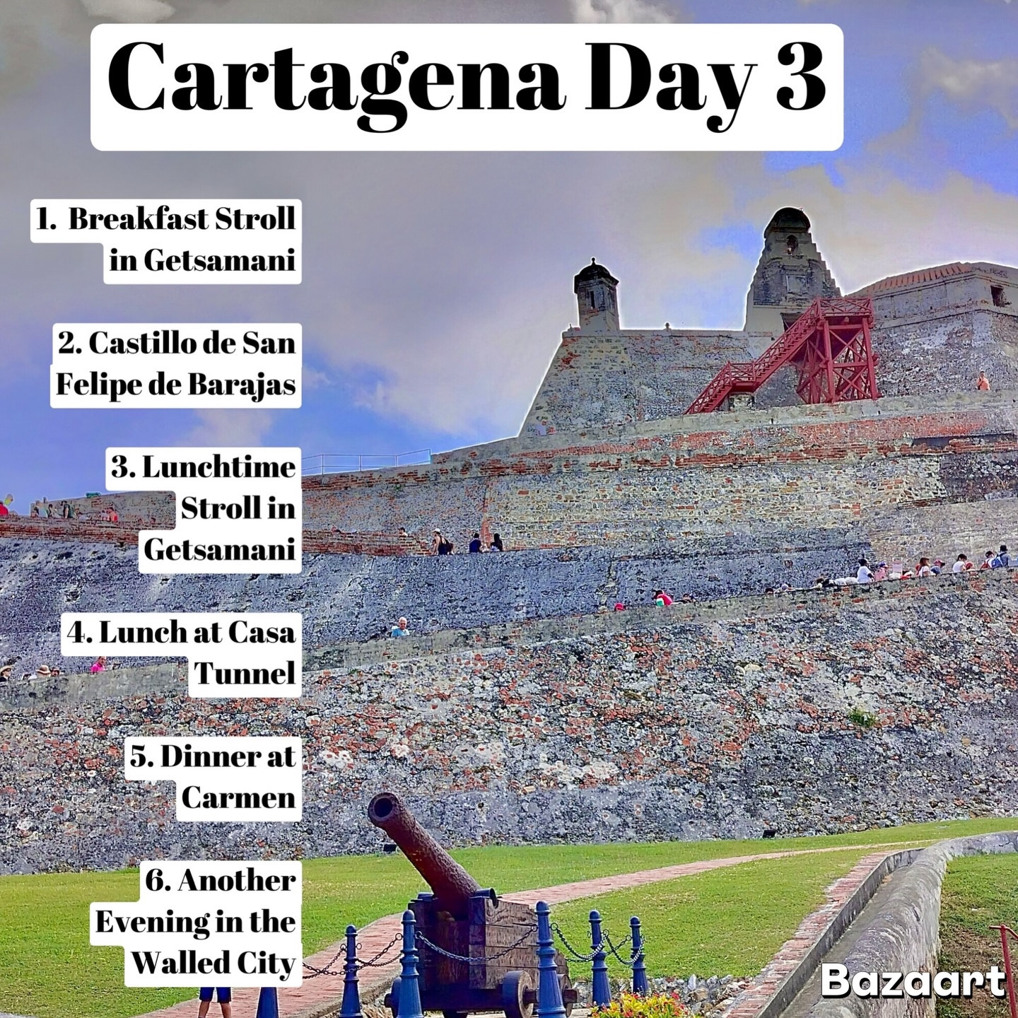 Cartagena, Day 3.

Started the morning wandering through Getsemaní, coffee in hand, watching the neighborhood slowly wake up. Murals, music, little cafés opening their doors — it feels like the creative heart of the city.

From there we climbed up to Castillo de San Felipe de Barajas, and standing on those old stone walls you really feel the history of this place. The views over Cartagena are unreal.

We circled back to Getsemaní for a long lunch at Casa Túnel, one of those hidden spots you’d walk right past if someone didn’t tell you about it.

Dinner at Carmen that night was incredible — easily one of the best meals of the trip — and of course we ended the night the way Cartagena seems to demand… wandering the glowing streets of the Walled City again.

Three days in and I’m already not ready to leave.

#Cartagena #Getsemani #CartagenaColombia #CastilloDeSanFelipe #JetSetLatAM TravelDiaries CaribbeanNights