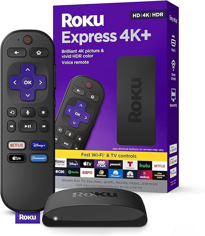 Roku Express 4K+ | Roku Streaming Device 4K/HDR, Roku Voice Remote, Free & Live TV | Amazon (US)