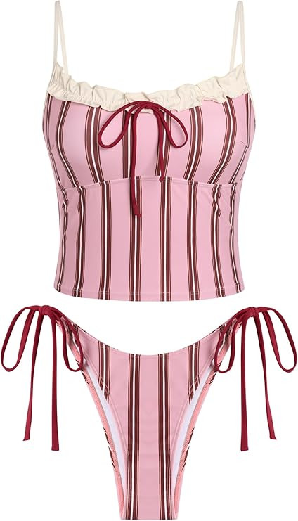 ZAFUL Tankini Swimsuits for Women Tie Front Tummy Control Spliced Ruffles Bikini Sets Two Piece B... | Amazon (US)