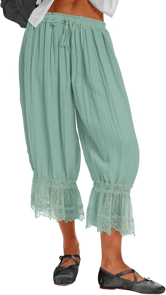 Ruffle Long Bloomers for Women Cropped Flared Capri Pants Lace Trim Pettipants Pantaloons Wide Le... | Amazon (US)