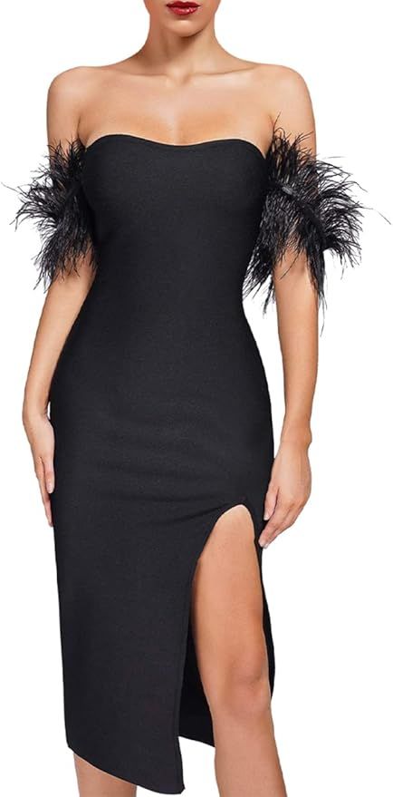 whoinshop Women's Sexy Off Shoulder Feather Bodycon Side Split Party Club Bandage Midi Dress | Amazon (US)