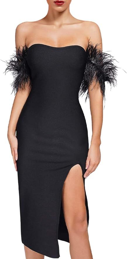 whoinshop Women's Sexy Off Shoulder Feather Bodycon Side Split Party Club Bandage Midi Dress | Amazon (US)