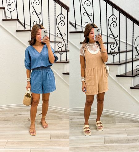 First outfit: romper in small, color blue, fits tts. Sandals restocked fit tts.
2nd outfit: romper in XS tts. Color Khaki. 
Sandals fit tts. Lace top in small, tank top in M/L(3-pack). Romper can be swim coverup. Lightweight to pack on vacations. 
Accessories and bags are linked.
Summer outfit, Amazon finds, vacation outfits, country concert, Nashville outfit, music festival, concert outfit, vacation outfit, casual outfit, fashion over 40, petite style. 


#LTKStyleTip #LTKOver40 #LTKFindsUnder50