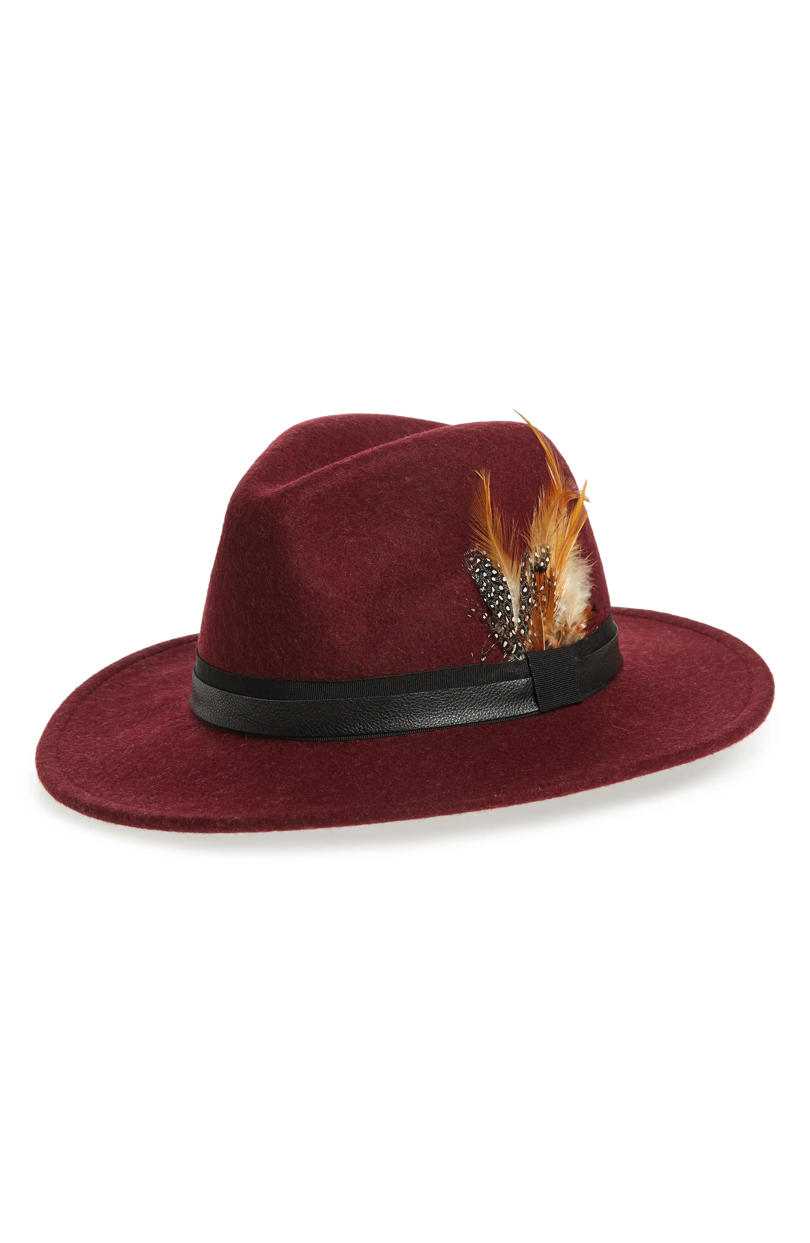 Women's Treasure & Bond Feather Trim Panama Hat - Burgundy | Nordstrom