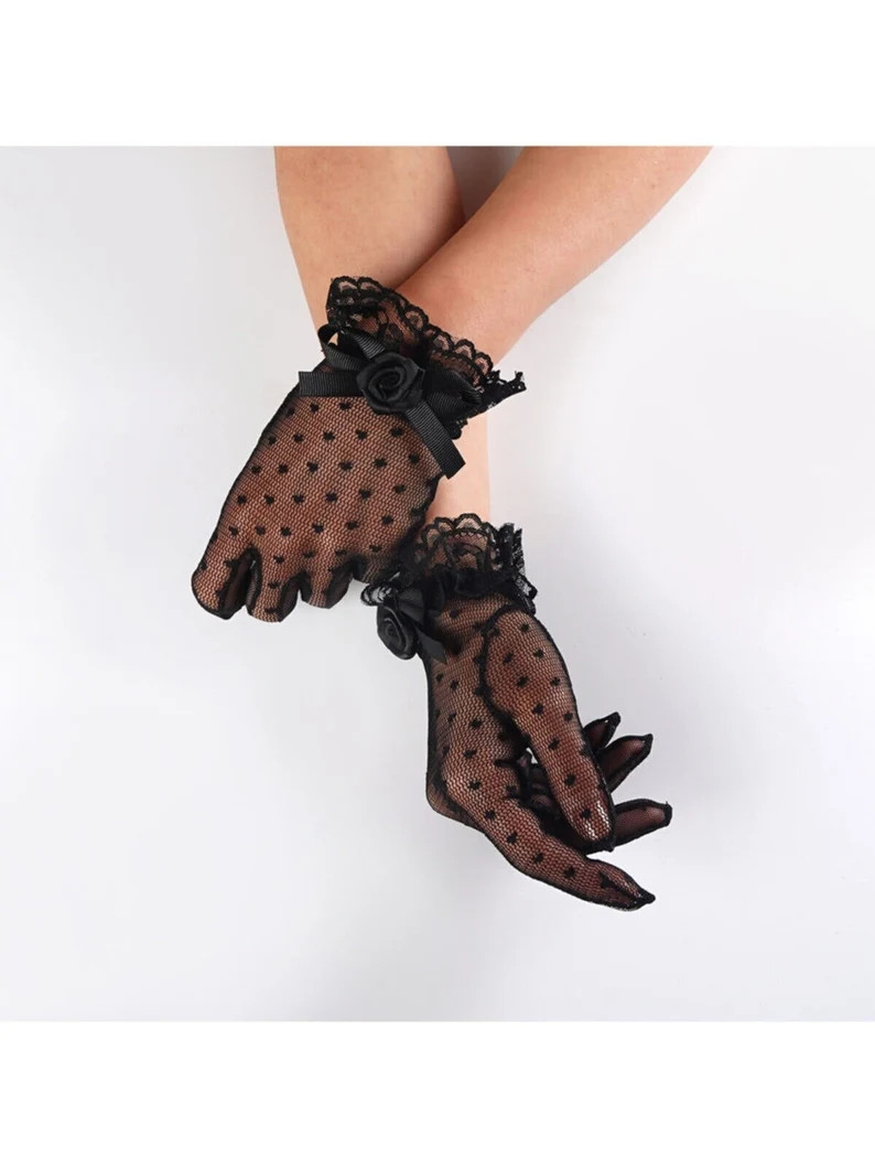 Sheer Polka Dot Bridal Gloves: Black Ruffle Wrist, Cosplay Gloves - Etsy UK | Etsy (Global)
