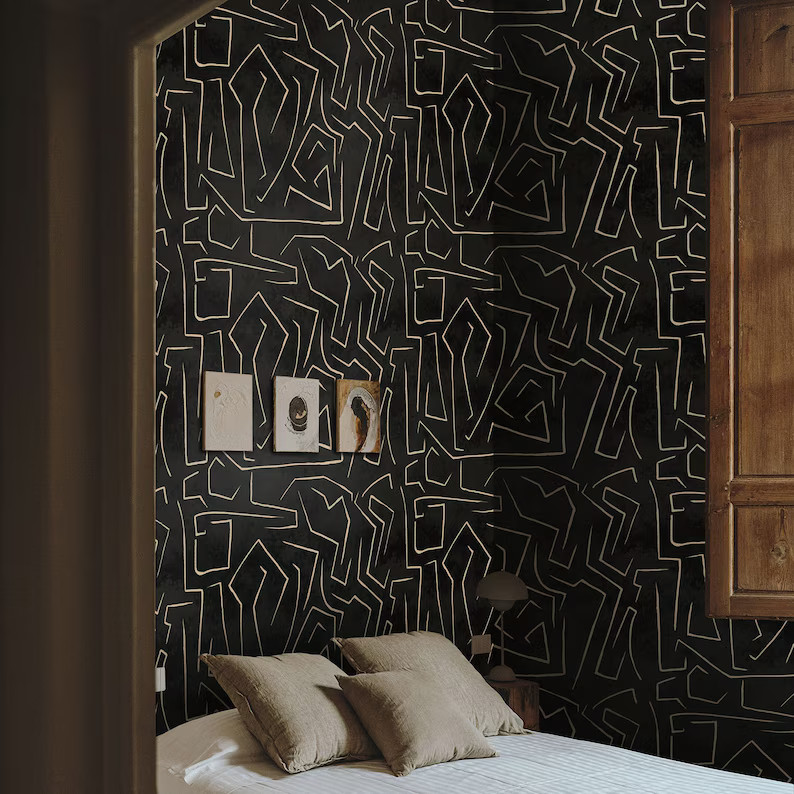 Black and Gold Art Minimalist Wallpaper, Black Graffiti Wall Art, Modern Abstract Art Lines - Ets... | Etsy (US)