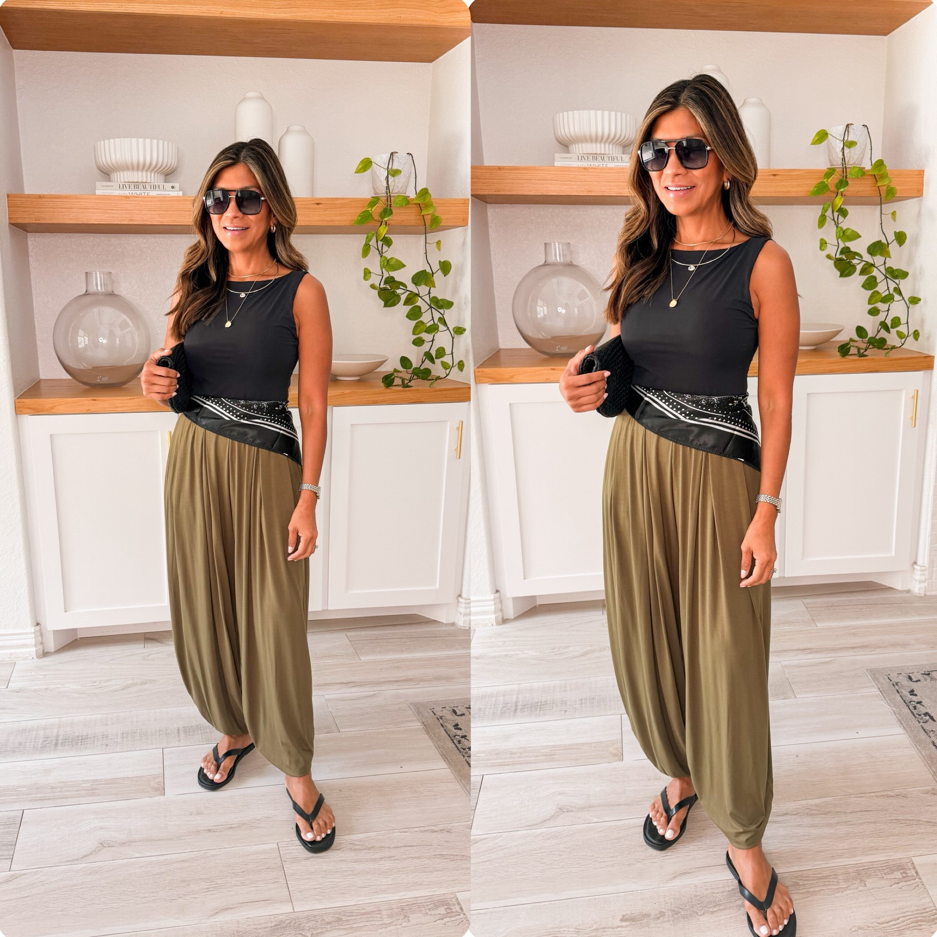 I’m 5’2” 118#ish for reference 
Casual dinner date night outfit 
Top  in small tts-has built in bra
Pants in XS tts-a little tight in the waist just FYI.
Sandals size up. 
Scarf comes in a pack of 4. 
Bag is the big size. 
Date night outfit, casual dinner out, great pants for work also, Amazon finds, over 50 style, midlife fashion, petite fashion,midlife women, affordable fashion, fashion over40, summer outfit.

#LTKOver40 #LTKmomlife #LTKPetite