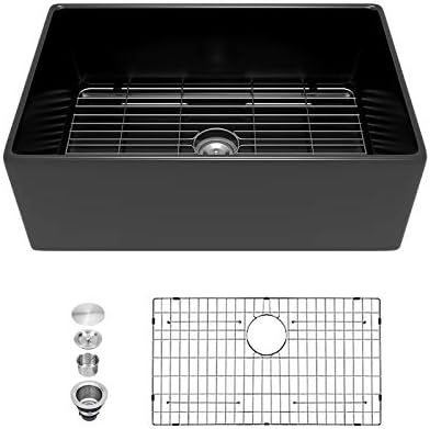 Black Fireclay Framhouse Kitchen Sink- Mocoloo 30"x20"x10" Inch Flat Apron Front Zero-radius Porc... | Amazon (US)