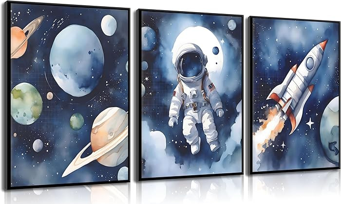 3Pcs Nursery Astronaut Wall Art Kids Space Planets Theme Canvas Painting Rocket Spaceman Wall Dec... | Amazon (US)