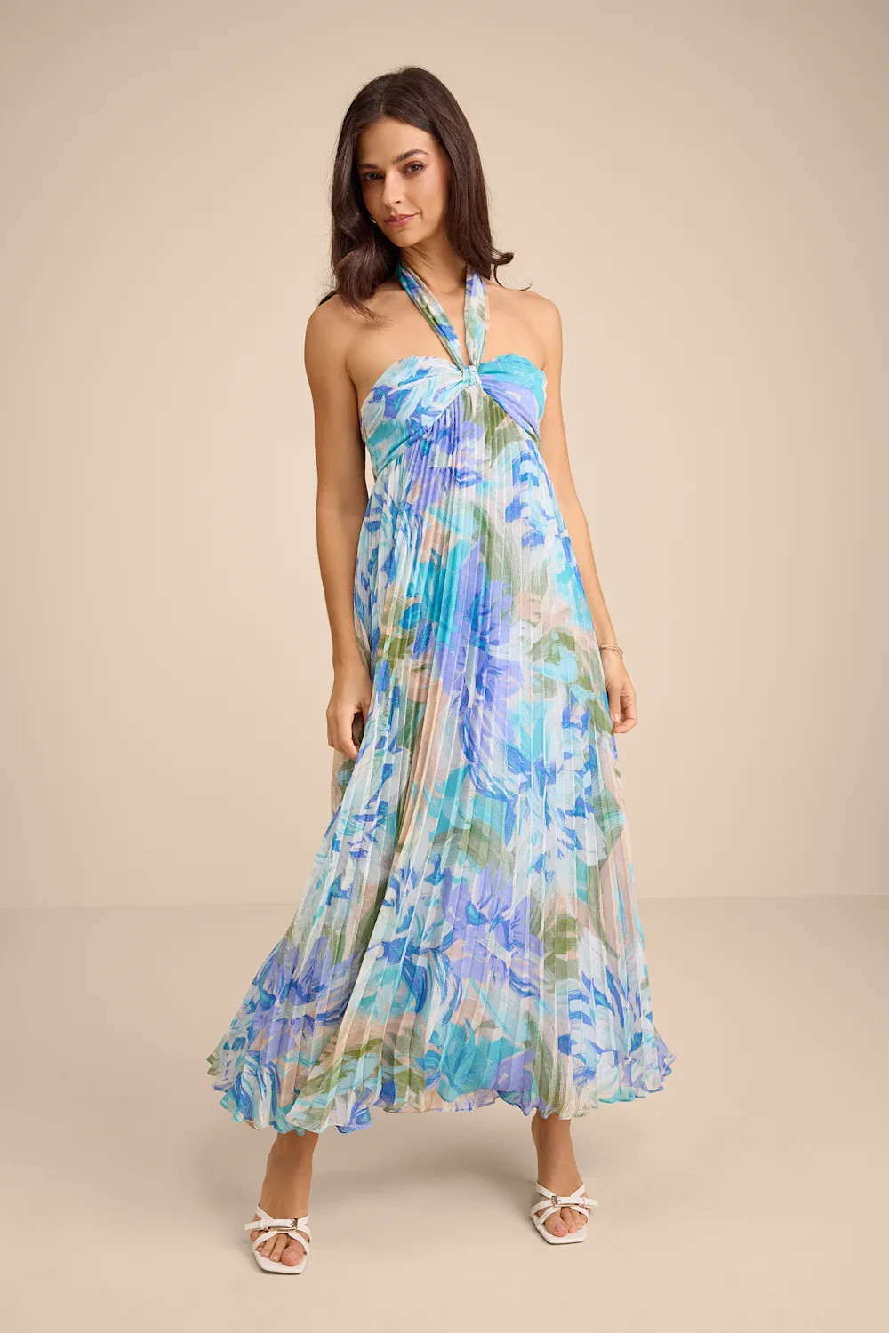 Aminah Blue Multi Floral Pleated Halter Midi Dress | Lulus