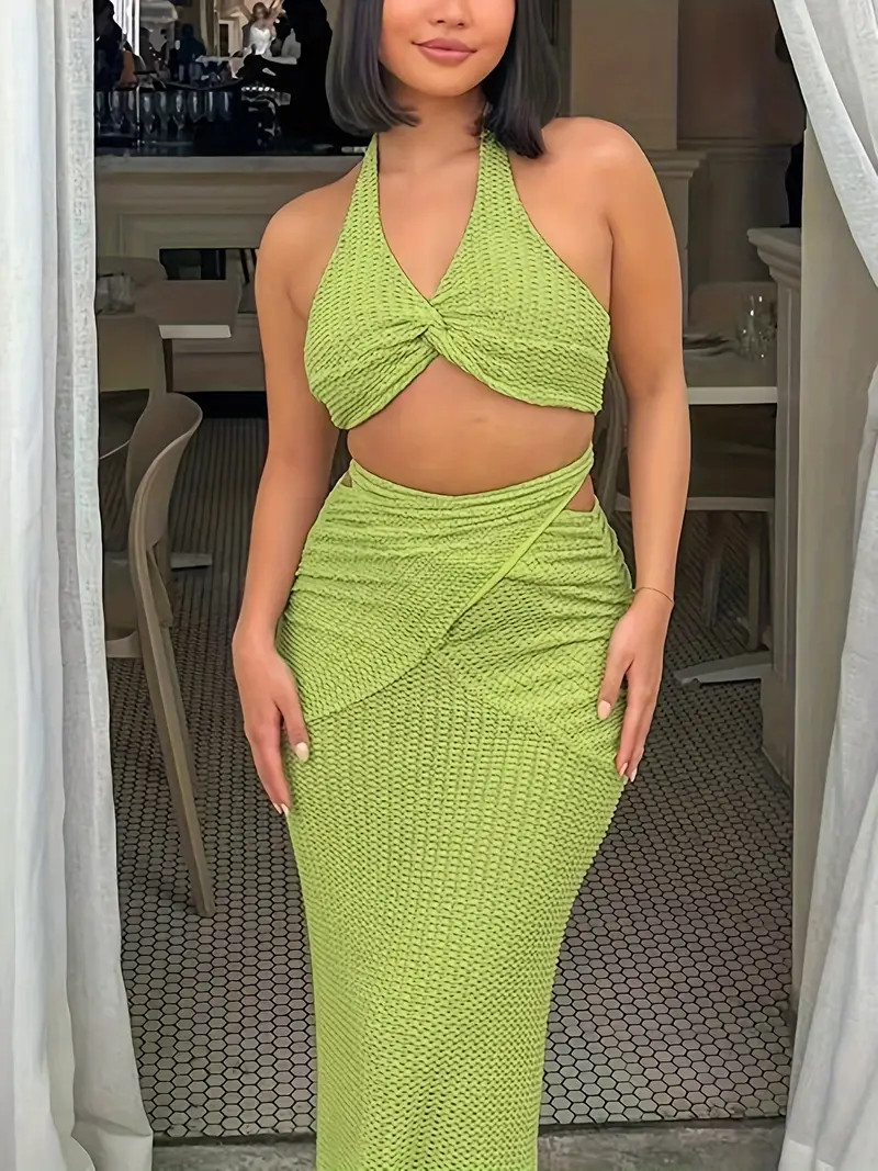 Casual Solid Slim Two piece Skirt Set Sleeveless V Neck Crop - Temu | Temu Affiliate Program