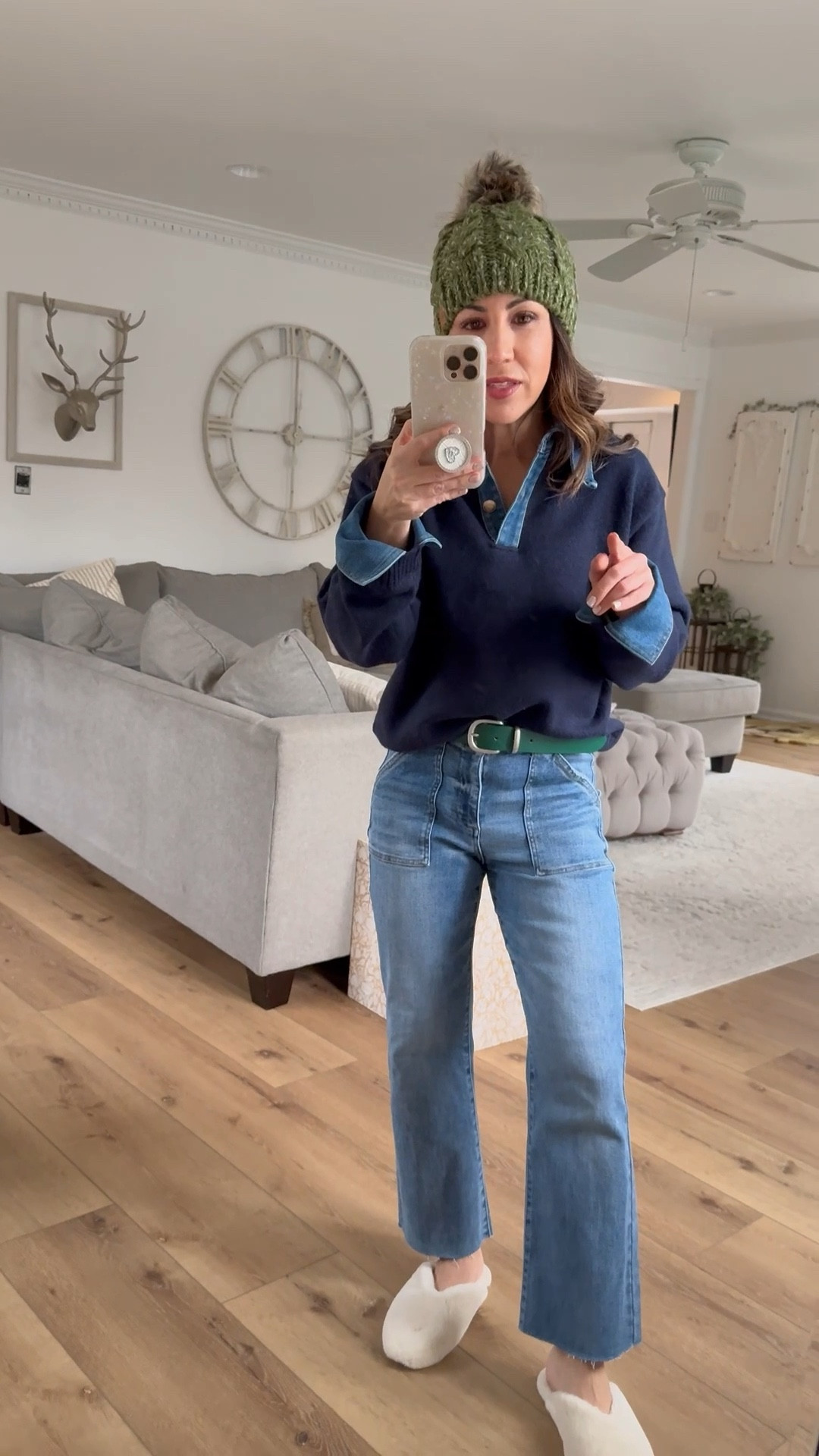 Small sweater, 25 jeans. I cut them. Green leather belt XS. Faux fur slides TTS. Beanie 30% off in cart.

#LTKOver40 #LTKFindsUnder50 #LTKFindsUnder100