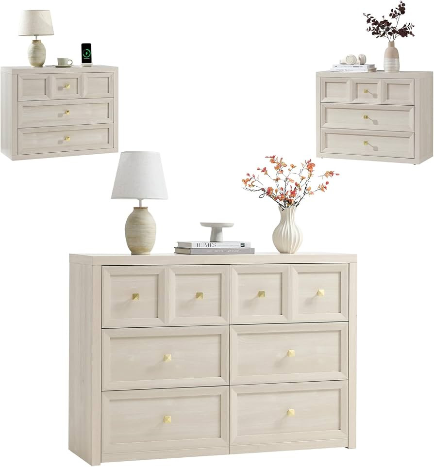 3 Piece Dresser Bedroom Set - 6 Drawer Dresser and 3 Drawer Oversized Nightstands Set of 2 with C... | Amazon (US)