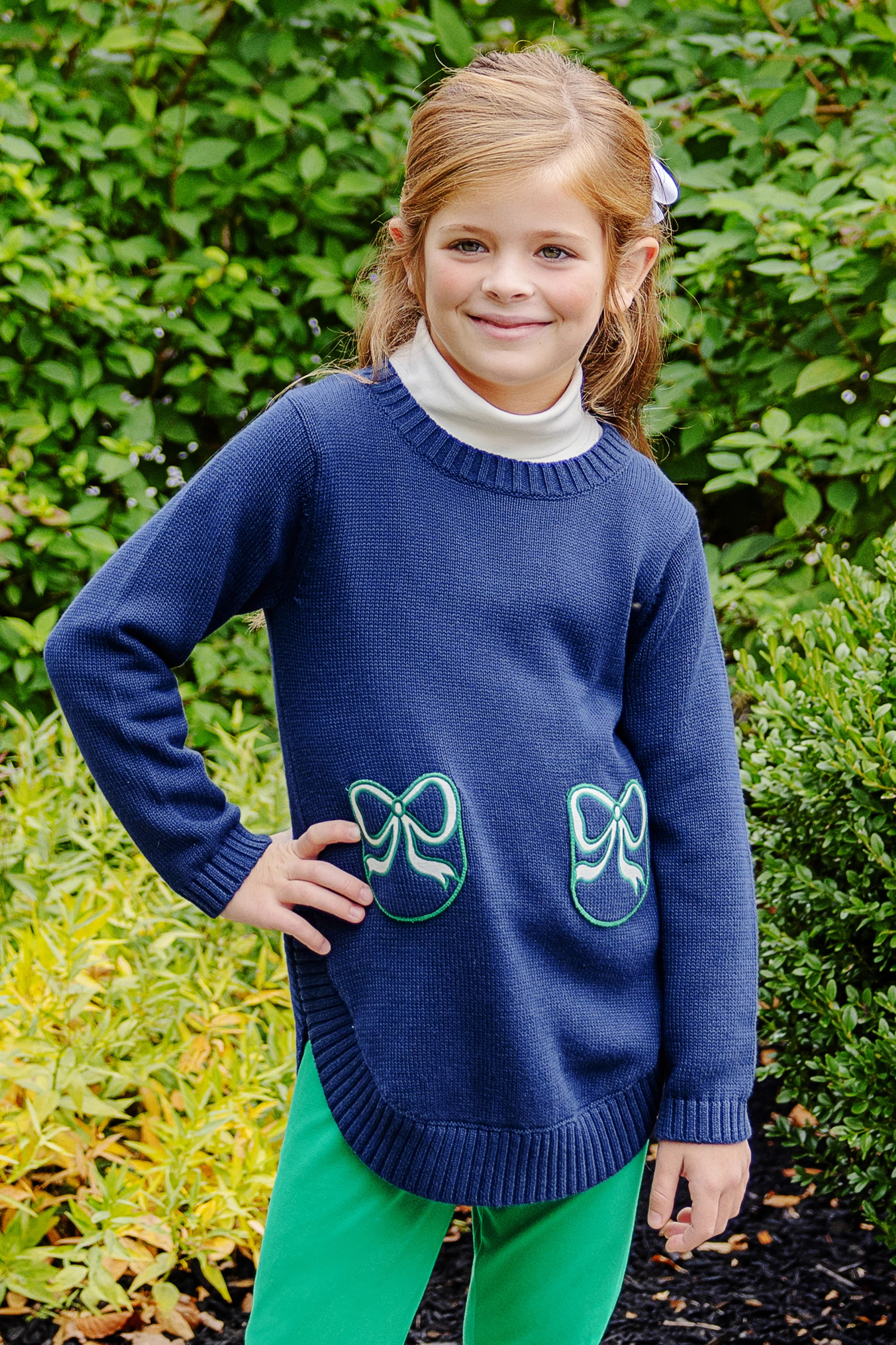 Terrell Tunic - Nantucket Navy with Palmetto Pearl & Kiawah Kelly Green Bows | The Beaufort Bonnet Company