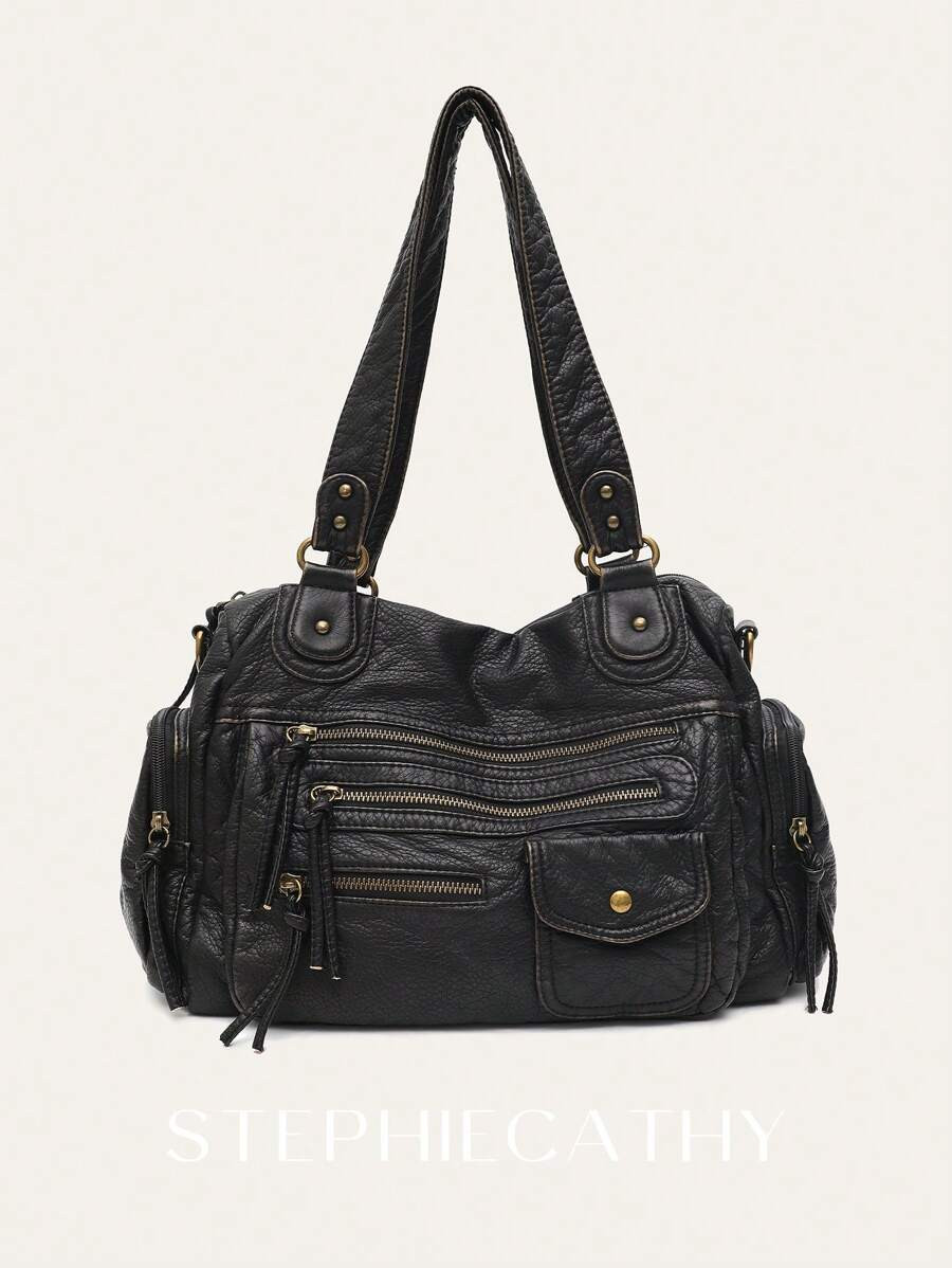 STEPHIECATHY Solid Color Washed PU Leather, Zipper Closure, Multi-Pocket Design, Dual Short Shoul... | SHEIN
