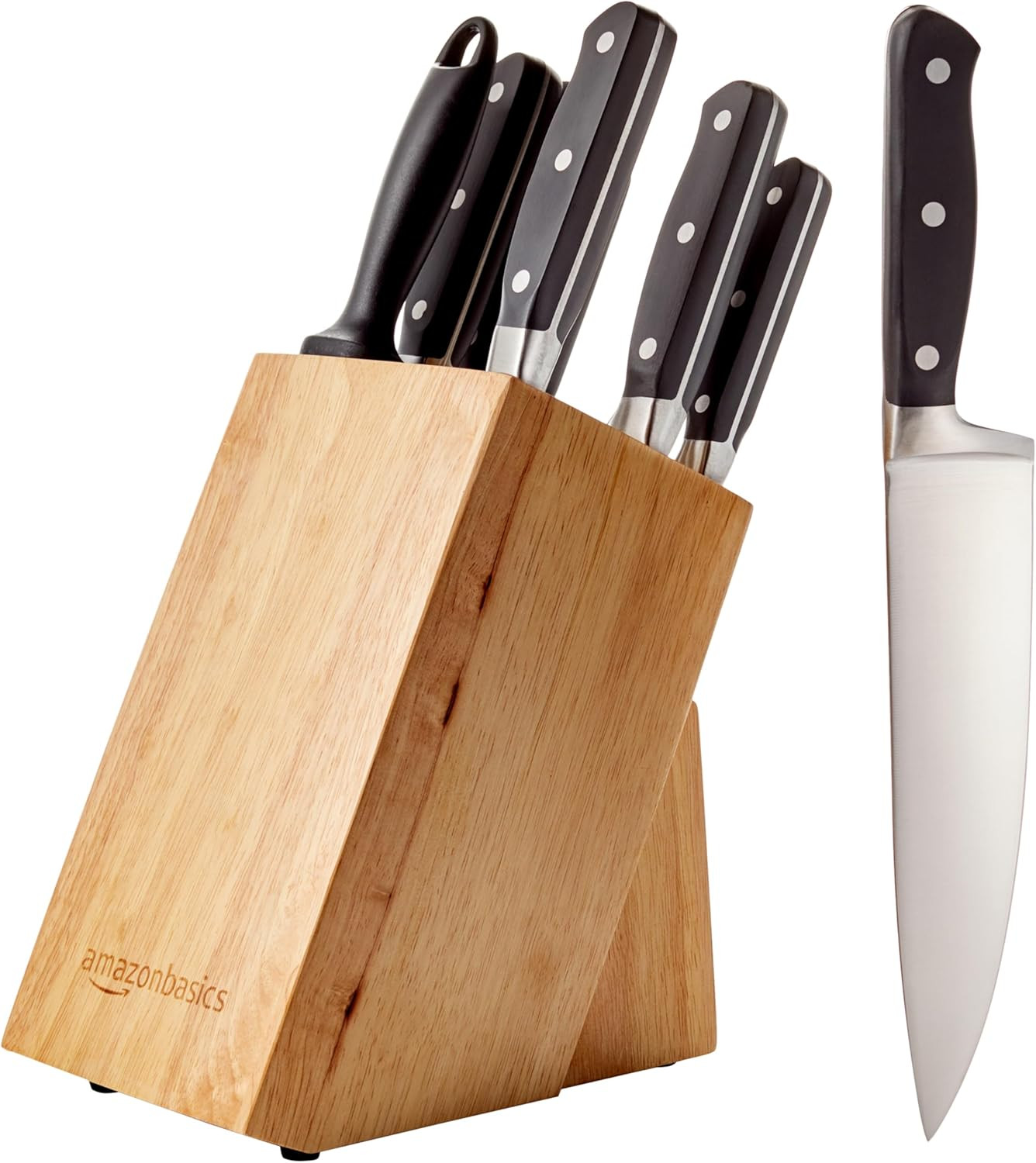 Amazon Basics 9-Piece Premium Kitchen High-Carbon Stainless-Steel Blades with Pine Wood Knife Blo... | Amazon (US)