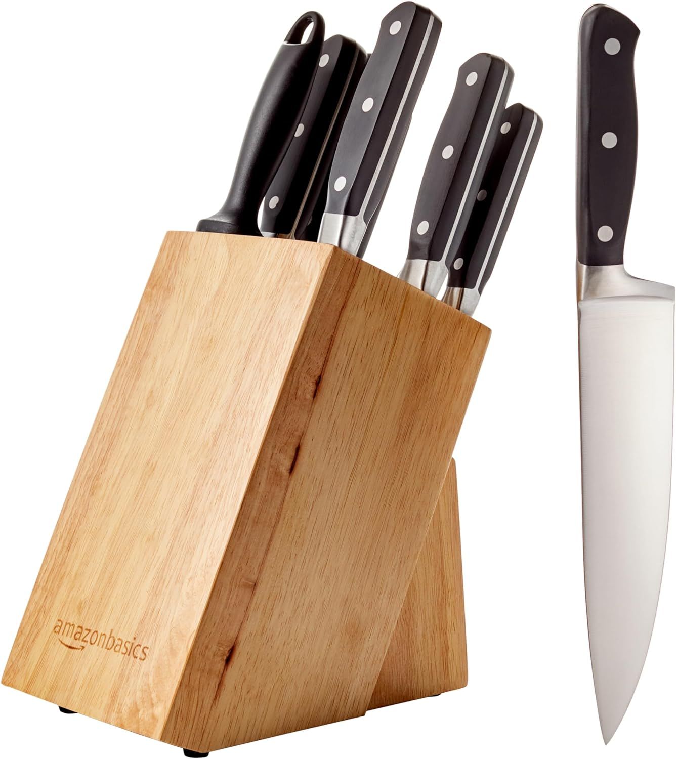 Amazon Basics 9-Piece Premium Kitchen High-Carbon Stainless-Steel Blades with Pine Wood Knife Blo... | Amazon (US)