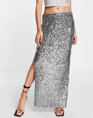 ASOS DESIGN sequin maxi skirt with slits in dark silver | ASOS (Global)