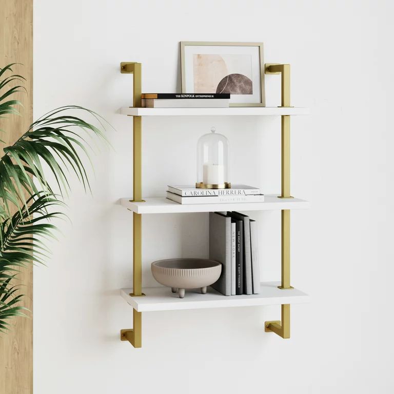 Nathan James Theo 3-Shelf Bookcase Floating Wall Mount White Wood with Gold Brass Metal Frame | Walmart (US)
