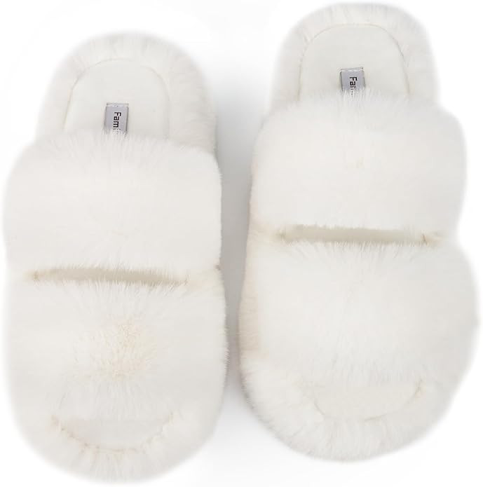 FamilyFairy Women's Fluffy Faux Fur Slippers Comfy Open Toe Two Band Slides with Fleece Lining an... | Amazon (US)