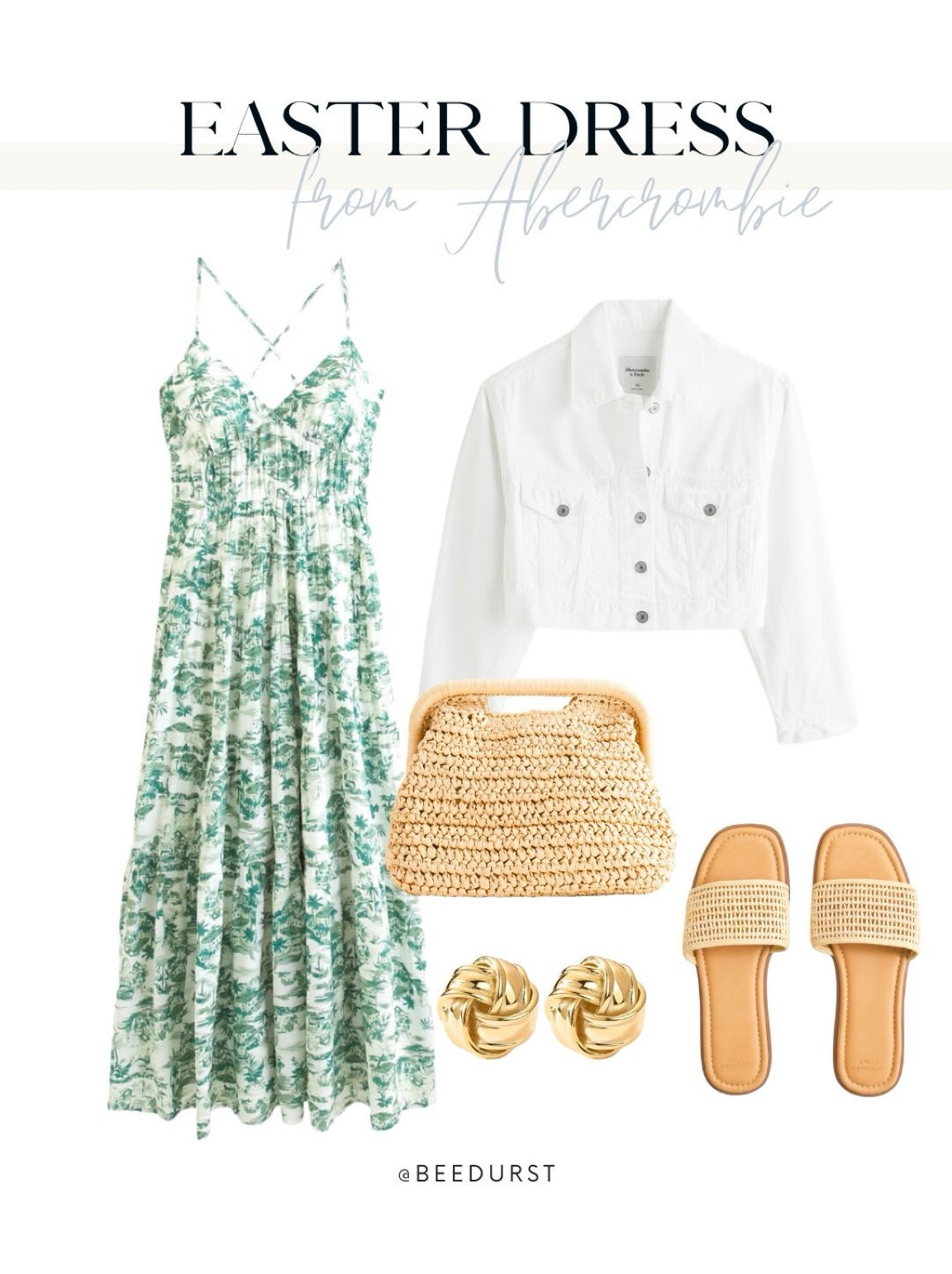 Spring outfit from Abercrombie, green dress, spring dress, Easter dress, Easter sandals, spring sandals, spring shoes, spring maxi dress, white denim jacket, straw flat slide sandals, white jean jacket, straw clutch bag, straw purse, spring purse, spring bag, spring fashion, resort wear, vacation outfit, date night outfits

#LTKstyletip #LTKsalealert #LTKSeasonal