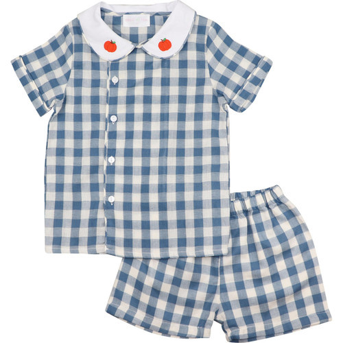 Blue Check Side Button Pumpkin Short Set | Cecil and Lou