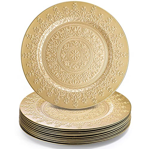 Youeon 12 Pack Gold Charger Plates, 13 Inch Plastic Chargers for Dinner Plates, Floral Pattern Decorative Plates for Table Setting, Party, Wedding, Catering Event, Christmas | Amazon (US)