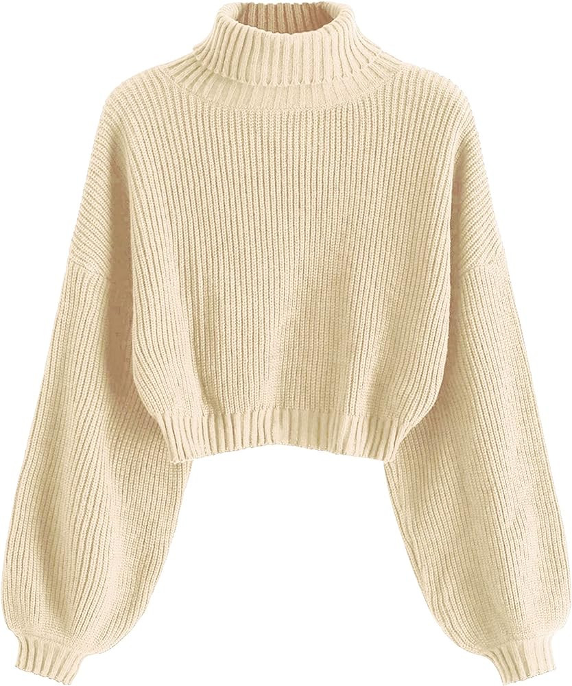 ZAFUL Women's Cropped Turtleneck Sweater Lantern Sleeve Ribbed Knit Pullover Sweater Jumper | Amazon (US)
