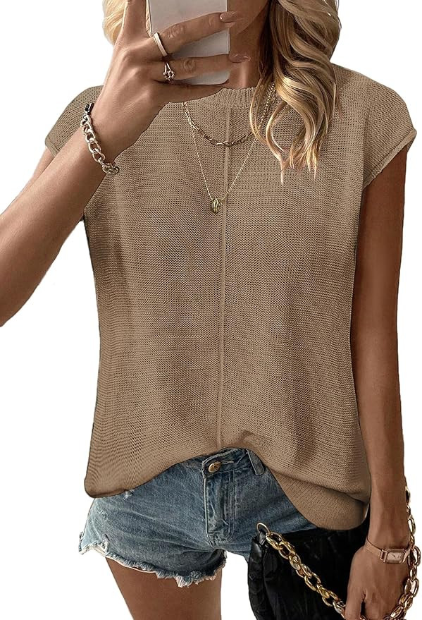 Zeagoo Women's Cap Sleeve Sweater Vest Crew Neck Sleeveless Casual Knit Tops 2024 Summer Clothes ... | Amazon (US)