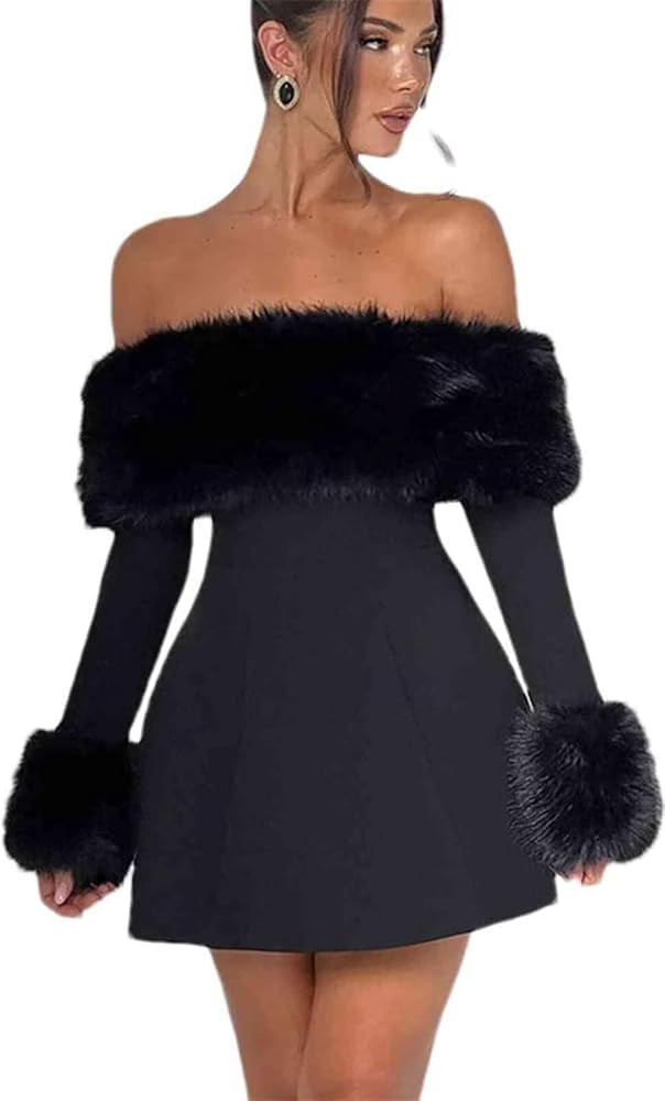 Women's Long Sleeve Wedding Dress Short Off Shoulder Satin Cocktail Party Mini Club Dress with Fa... | Amazon (US)