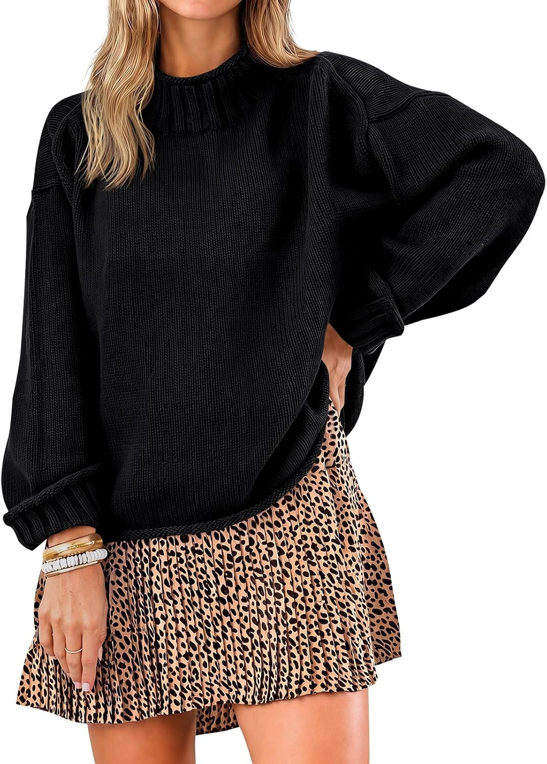 Saodimallsu Womens Oversized Sweaters Mock Neck Chunky Knit Pullover Tops | Amazon (US)