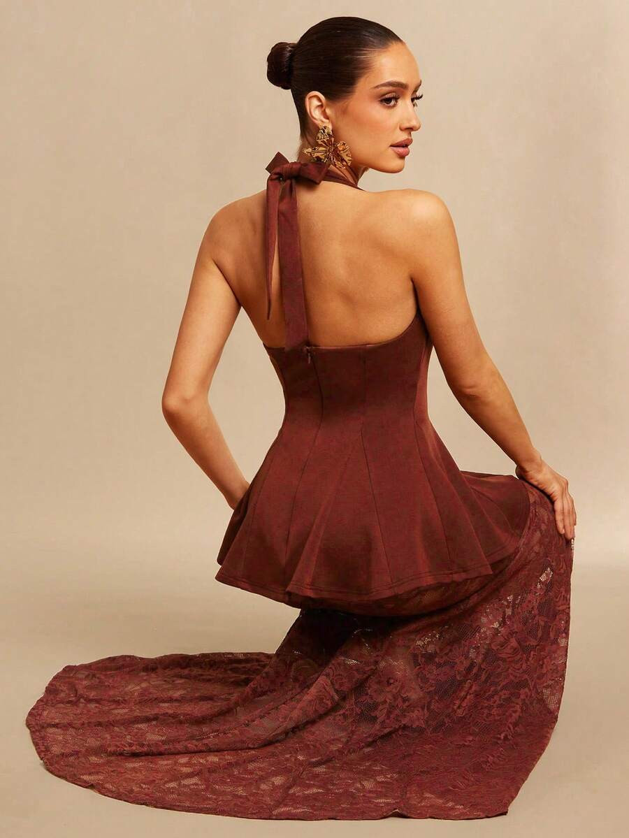 Silquee This Sleeveless Halter-Neck Mermaid Dress Features A Lace-Trimmed Hem And A Sexy, Elegant... | SHEIN