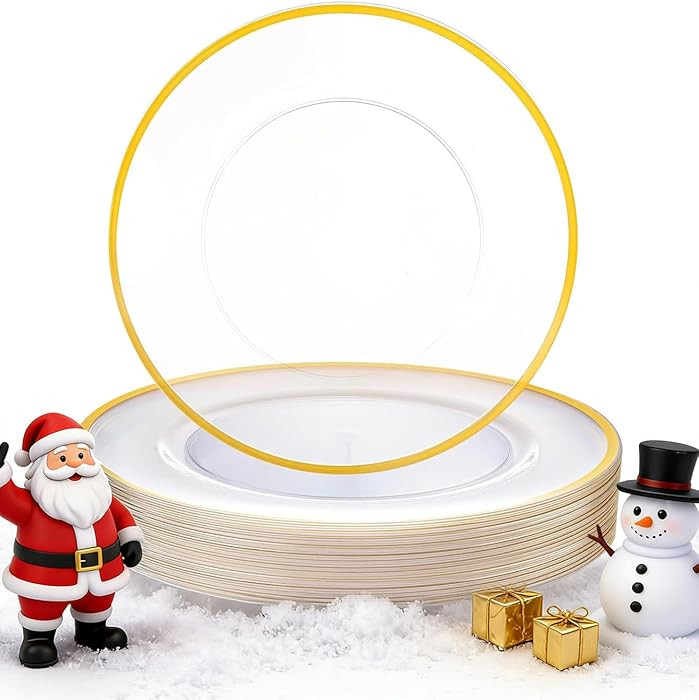 WDF 25Pack Gold Charger Plates - 12inch Clear Chargers with Gold Trim - Clear Plates Disposable f... | Amazon (US)