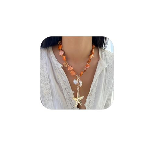 CRUSH CR Chunky Pearl Necklace&Bracelet for Women Beach Starfish Shell Boho Statement Jewelry Vacation Freshwater Pearl Choker Summer Coastal Accessories (Style1 Necklace Orange) | Amazon (US)