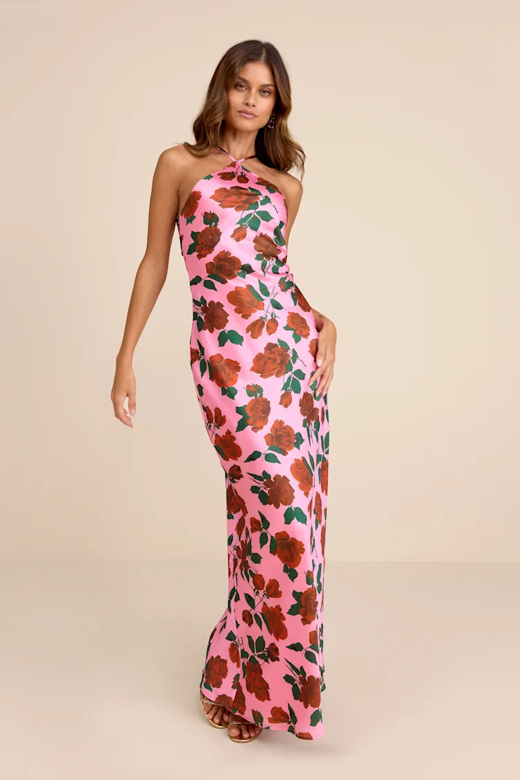 Malito Pink Rose Print Satin Lace-Up Maxi Dress | Lulus