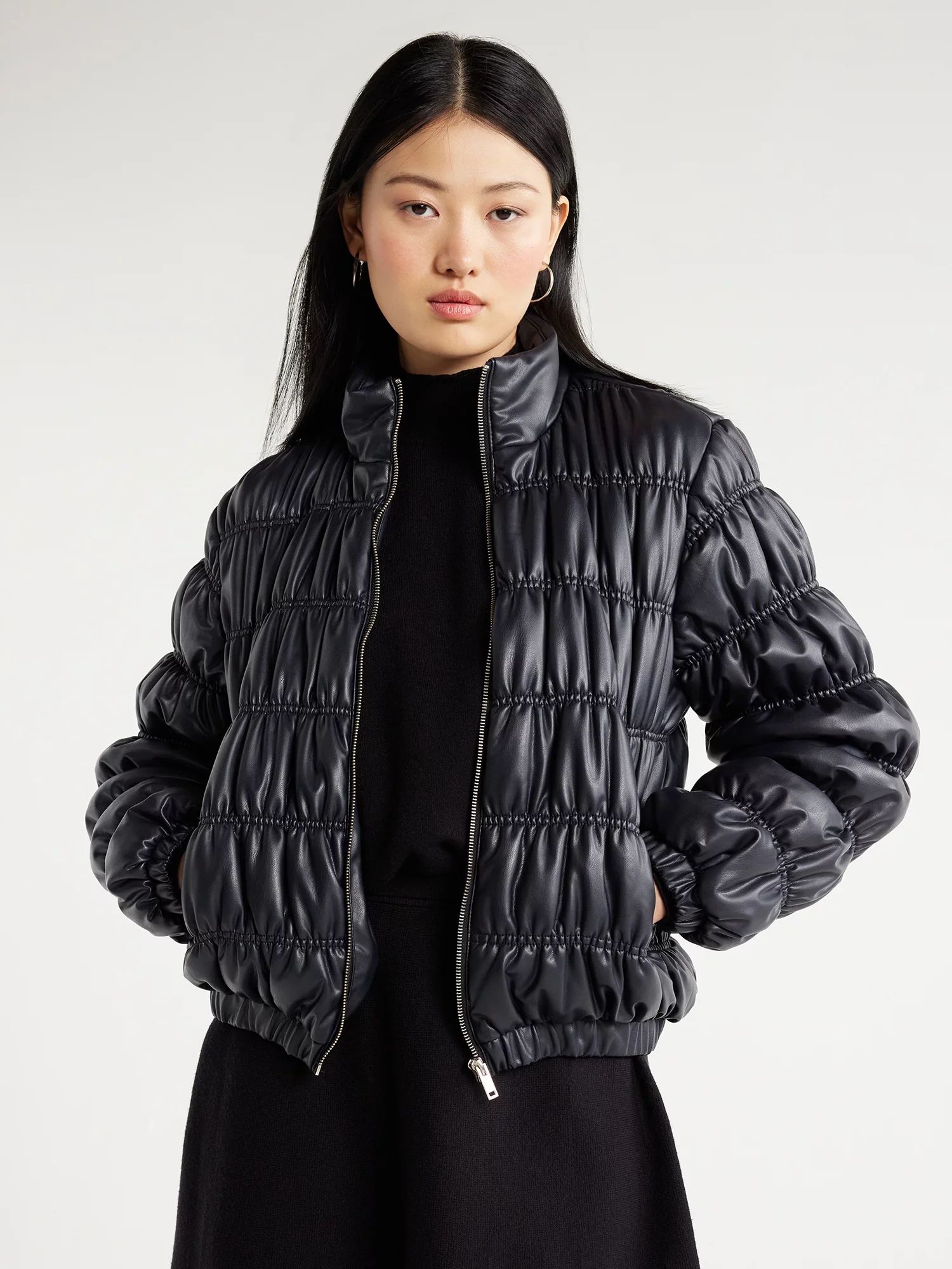 Scoop Women's Faux Leather Puffer Jacket, Sizes XS-XXL - Walmart.com | Walmart (US)