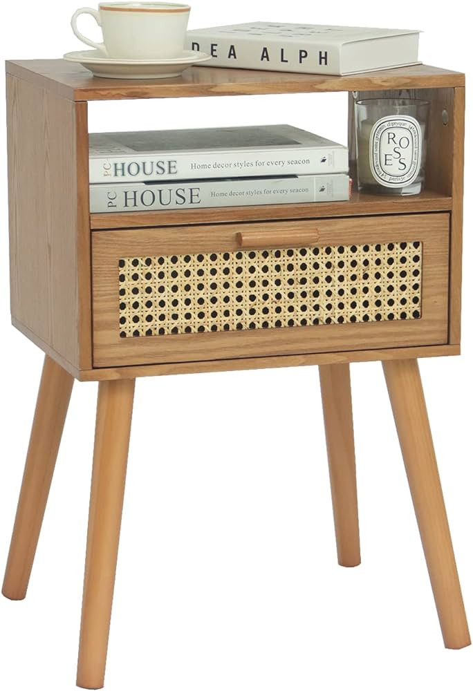 MaxSmeo Mid Century Modern Nightstand with Drawer, Small Nightstand Bedside Table, Brown Rattan N... | Amazon (US)