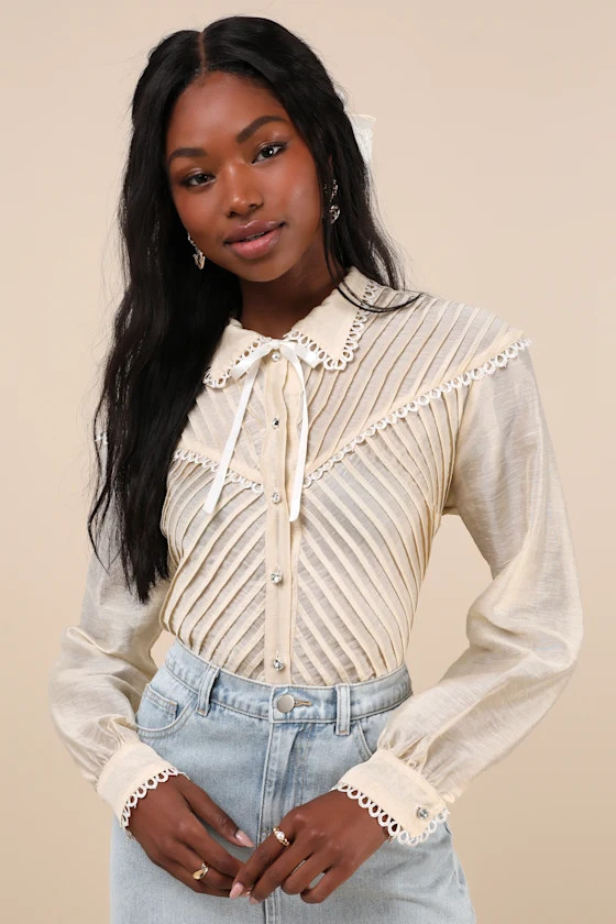 Pony Cream Sheer Pintuck Lace Long Sleeve Button-Up Top | Lulus