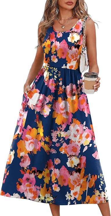WIHOLL Summer Dresses for Women Flowy Casual Midi Dress Beach Vacation Sundresses with Pockets | Amazon (US)