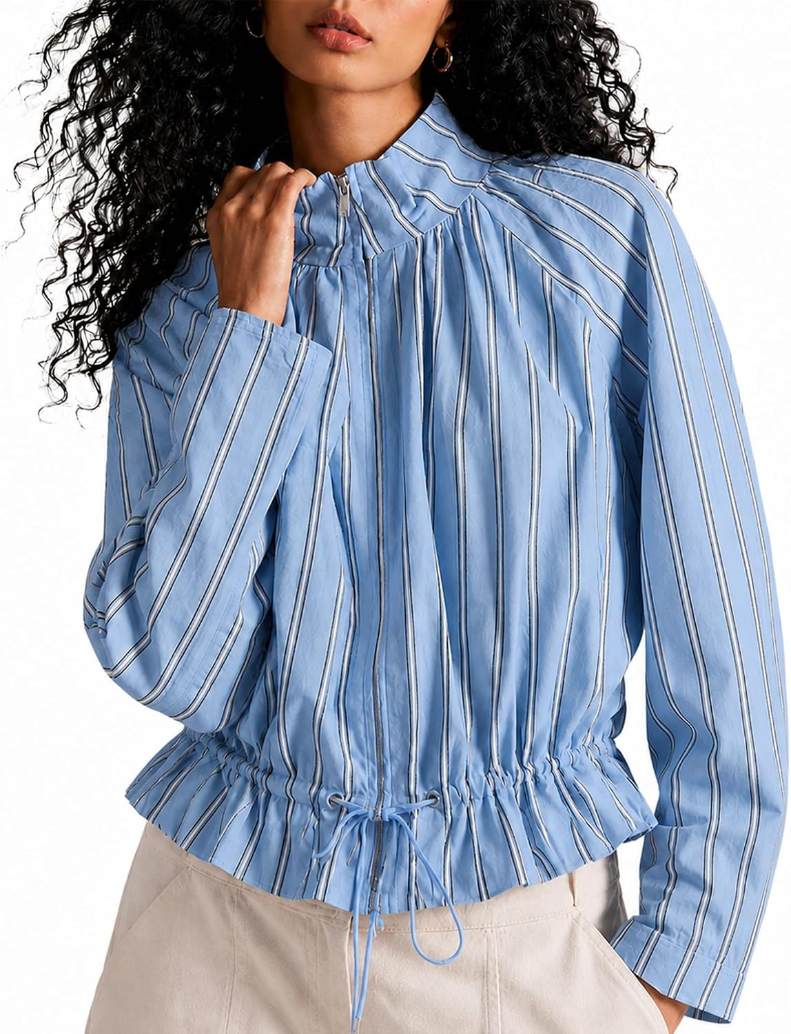 Colorful world Women Striped Jacket Funnel Neck Causal Fashion Cropped Coat | Amazon (US)