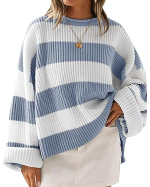 ZESICA Women's 2025 Fall Long Sleeve Oversized Striped Color Block Comfy Loose Crew Neck Knitted ... | Amazon (US)