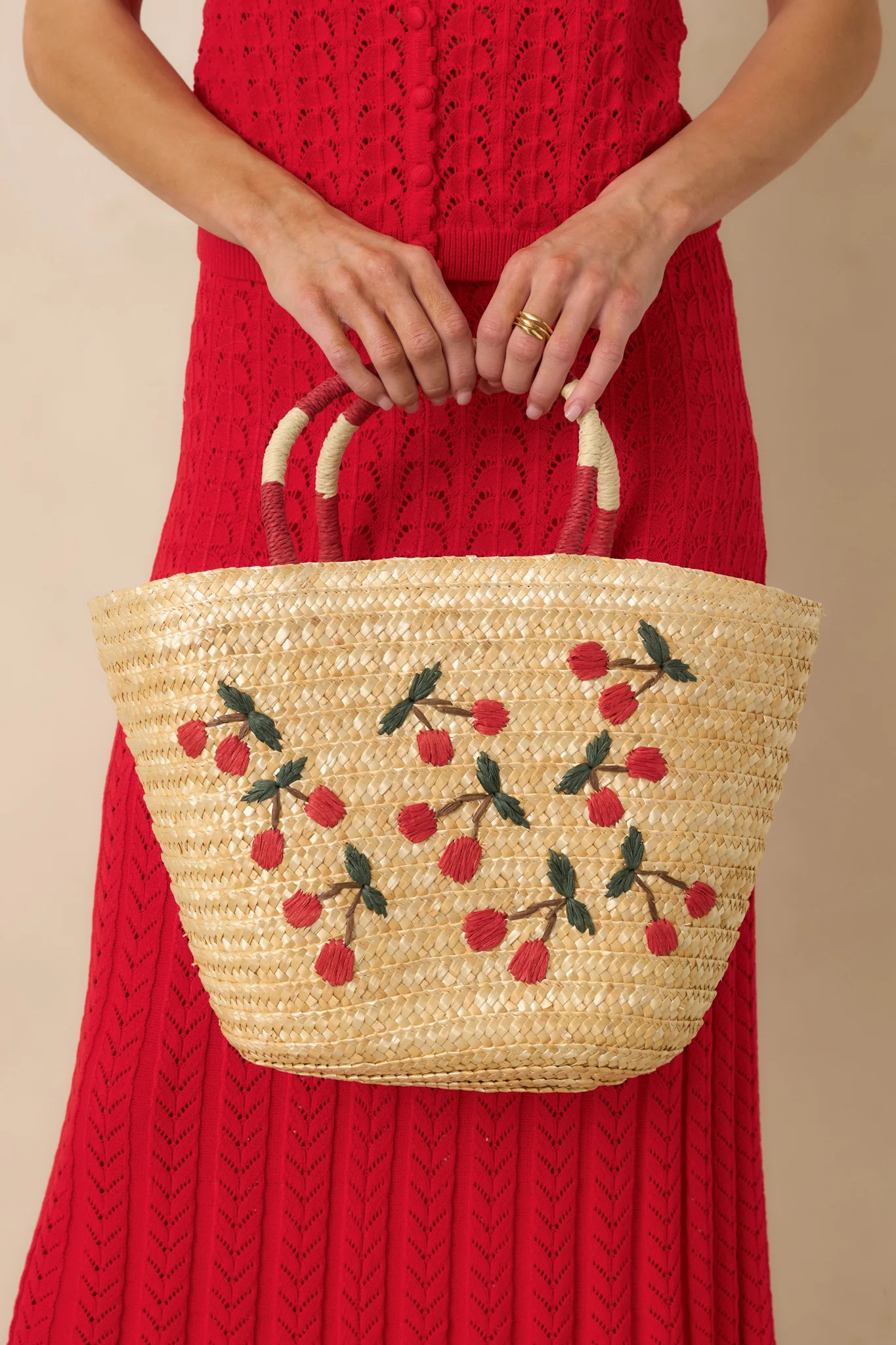 Happened So Sweetly Natural Woven Cherry Embroidered Tote Bag | Red Dress
