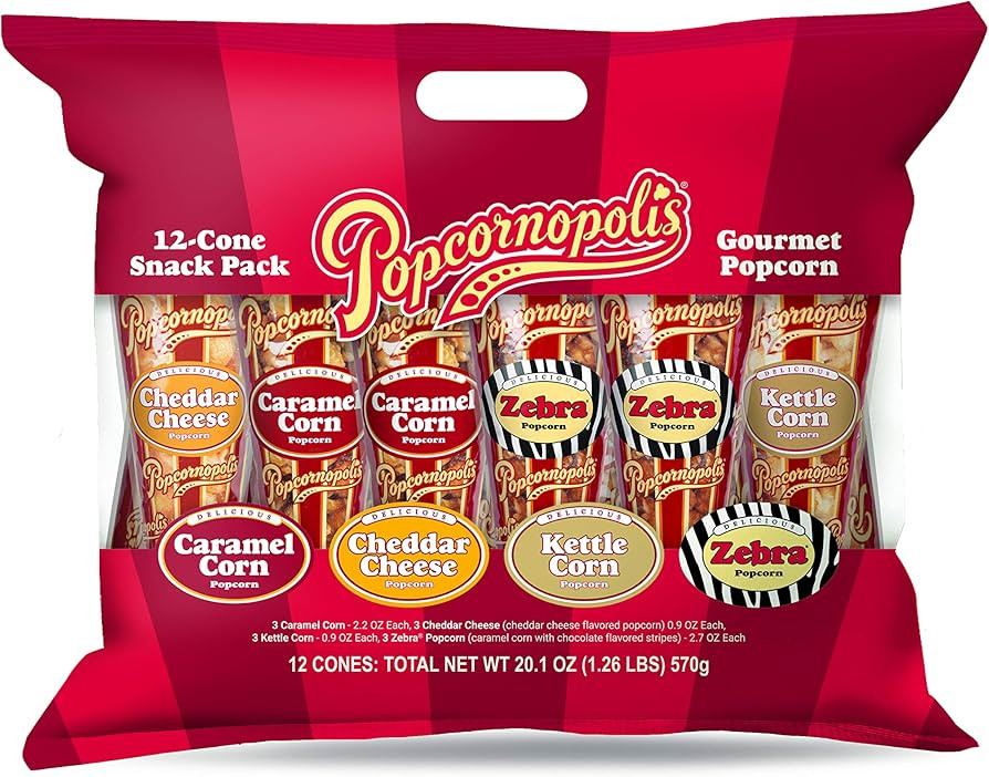 Popcornopolis Gourmet Popcorn Cone Variety Pack \u2013 Zebra Popcorn, Cheddar Cheese Popcorn, Car... | Amazon (US)