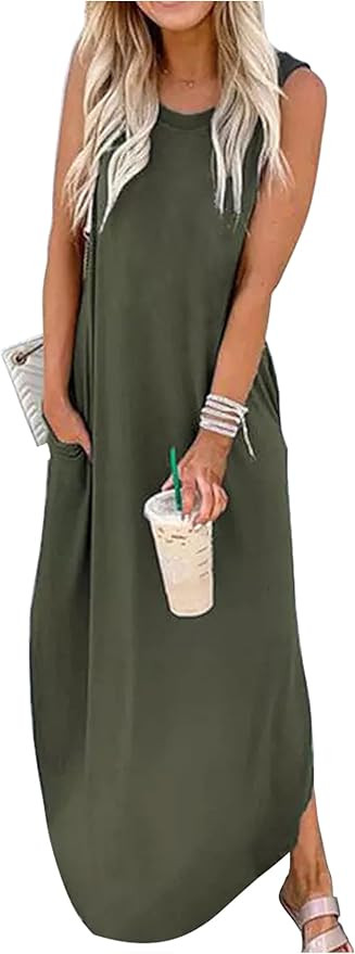 CHUNTIANRAN Women's Summer Maxi Dress Casual Loose Sundress Long Dress Sleeveless Vacation Beach ... | Amazon (US)